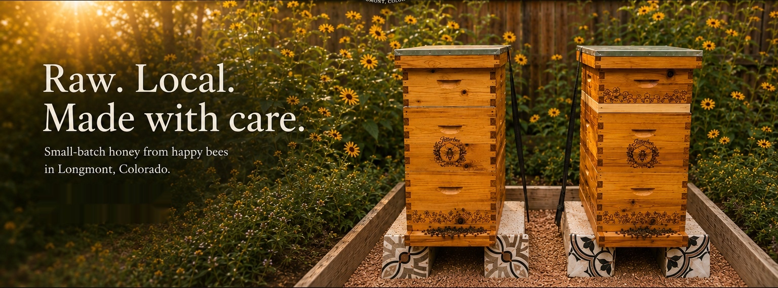 Jitterbee Honey hives in a sunny garden